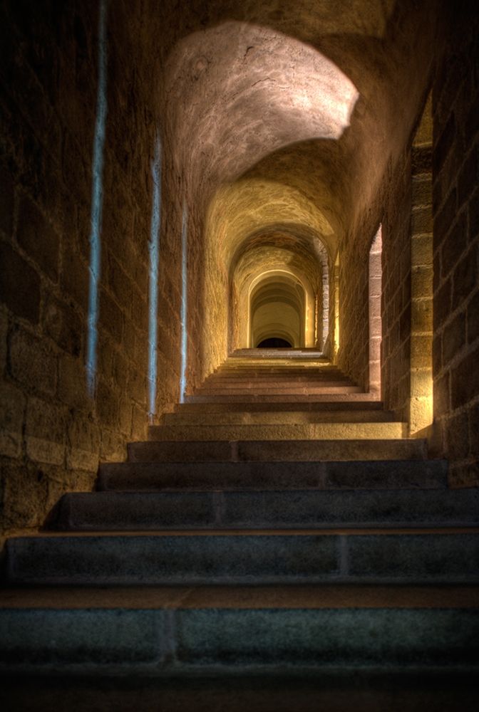 Stairs and hallway in Mont Saint-Michel on the Normandy coast of France